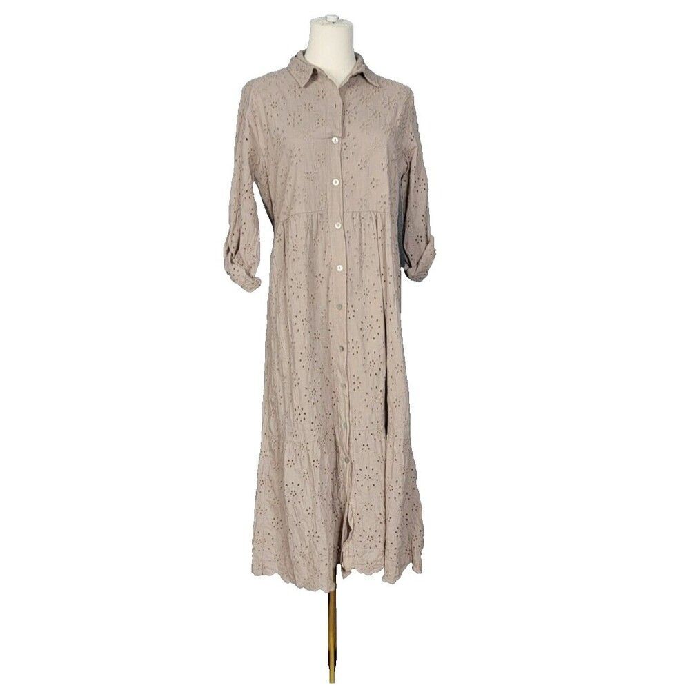 Laura Bianchi Dress Sz S Eyelet Cotton Tan Midi Whimsy Prairie Feminine Shirt